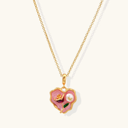 Pink heart pendant necklace with floral enamel, Freshwater Pearl and gold detailing | Olaty
