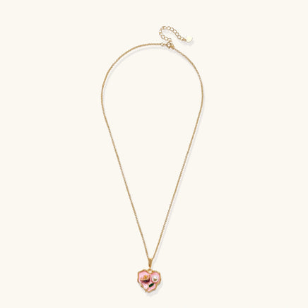 Full view of pink heart pendant necklace with delicate gold chain and floral design | Olaty
