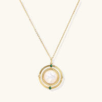 Cosmic mother of pearl orbital pendant necklace with green zirconia accents, close-up front view | Olaty