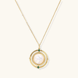 Cosmic mother of pearl orbital pendant necklace with green zirconia accents, close-up front view | Olaty