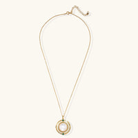 Cosmic mother of pearl orbital pendant necklace with adjustable gold-tone chain, full product view | Olaty