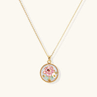 Rose floral pendant necklace with pink enamel flower, pearl surface and gold detailing | Olaty