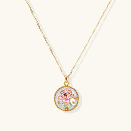 Rose floral pendant necklace with pink enamel flower, pearl surface and gold detailing | Olaty