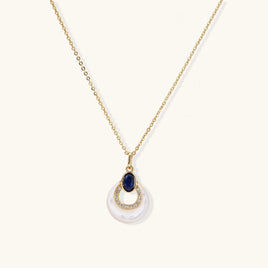 Lapis lazuli and mother of pearl teardrop pendant necklace with gold-tone chain | Olaty