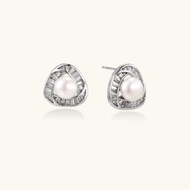 Luminous Pearl Triangle stud earrings with freshwater pearls and baguette stones in white gold-plated eco-brass angled view | Olaty
