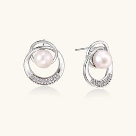 Pearl Orbit stud earrings with freshwater pearls and crystal accents angled product view | Olaty