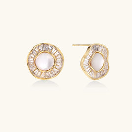 Sunburst pearl stud earrings with freshwater pearl centers and radiating baguette crystals front view | Olaty