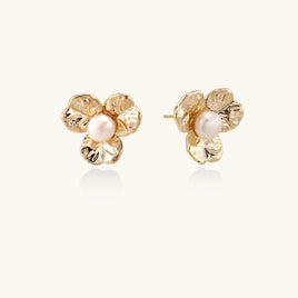 Bloom freshwater pearl stud earrings with textured gold floral petals front view | Olaty