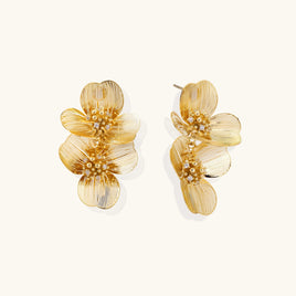 Bloom double floral statement earrings in 14K gold-plated eco-brass with crystal accented centers front view | Olaty