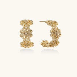 Bloom Filigree hoop earrings with intricate floral details in polished 14K gold-plated eco-brass front and angled view | Olaty