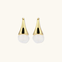 Sculptural cone hoop earrings with polished gold finish and rounded white resin drops, front view | Olaty