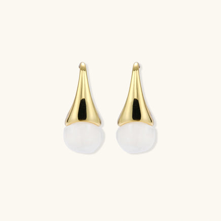 Sculptural cone hoop earrings with polished gold finish and rounded white resin drops, front view | Olaty