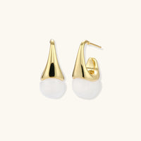 Sculptural cone hoop earrings with polished gold curves and white resin drops, front and side view | Olaty