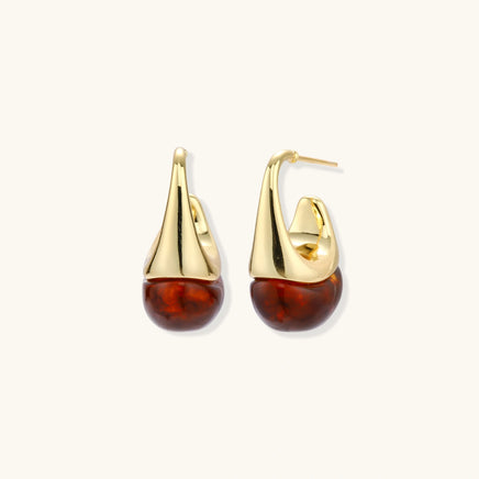 Amber sculptural drop earrings with polished gold curves and translucent resin drops, front and side view | Olaty