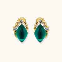 Emerald Liuli glass stud earrings with gold-tone organic frames and clear Zirconia accents, front view | Olaty
