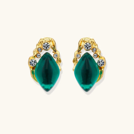 Emerald Liuli glass stud earrings with gold-tone organic frames and clear Zirconia accents, front view | Olaty