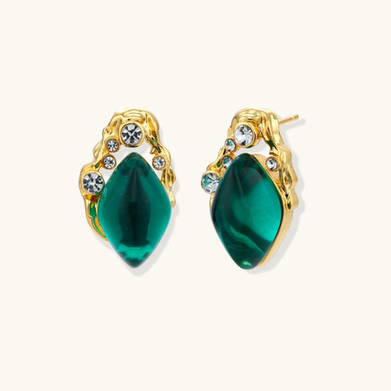 Emerald Liuli glass stud earrings with sculptural gold-tone frames and sparkling Zirconia accents, angled view | Olaty