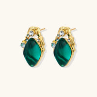 Emerald Liuli glass stud earrings with sparkling Zirconia and sculptural gold-tone frames, side angle | Olaty