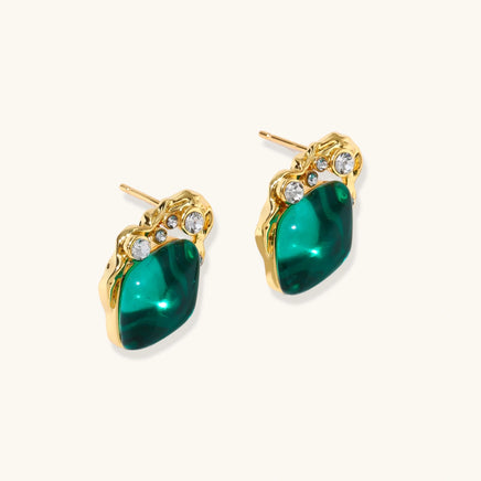 Emerald Liuli glass stud earrings with gold-tone frames, Zirconia accents and visible posts, angled view | Olaty