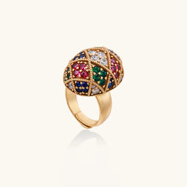 Angled view of multicolor zirconia mosaic dome statement ring with intricate gold-tone detailing | Olaty