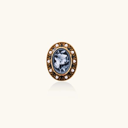 Front view of oval Victorian rose cameo ring with floral gemstone centerpiece and shell pearl border | Olaty