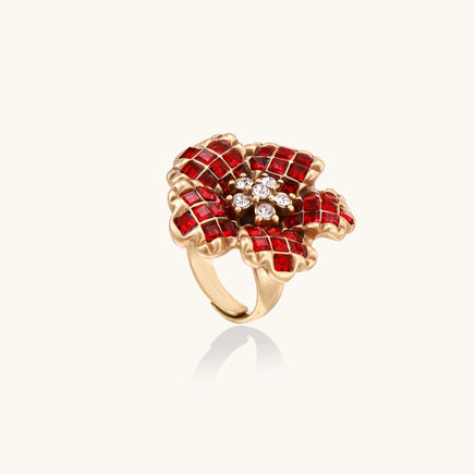 Angled view of crimson flower statement ring with red and clear zirconia petals | Olaty