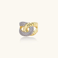 Front view of chain link statement ring with intertwined gold-tone and zirconia-covered links | Olaty