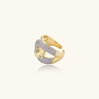 Rear angled view of adjustable chain link statement ring with gold-tone and zirconia detailing | Olaty