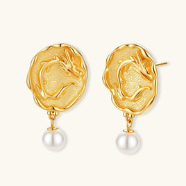 Dragon Phoenix gold-plated sterling silver stud earrings with shell pearl drops | Olaty