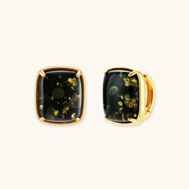 Forest Reverie Green Amber Earrings in 18K gold-plated 925 sterling silver with rectangular green amber stones and golden inclusions | Olaty