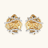 Front view of two-tone rose statement earrings with layered gold petals and twisted silver-tone details | Olaty