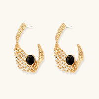 Gold woven statement earrings with black resin accents and visible Sterling Silver S925 posts | Olaty