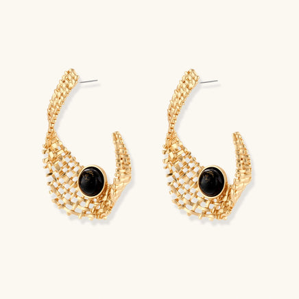 Gold woven statement earrings with black resin accents and visible Sterling Silver S925 posts | Olaty