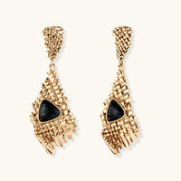 Gold-tone grid statement drop earrings with glossy black triangular resin centers | Olaty