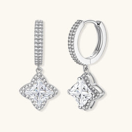 Sterling silver huggie hoops with geometric diamond-shaped moissanite dangles featuring pavé crystal details