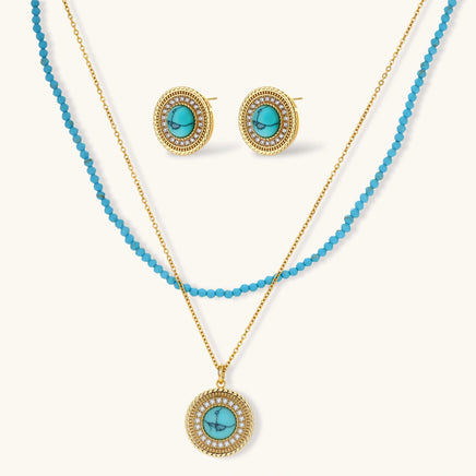 Turquoise halo jewelry set with round pendant necklace, turquoise beaded necklace and matching earrings | Olaty