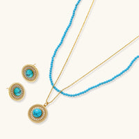 Turquoise jewelry set with round halo pendant, turquoise beaded necklace and matching stud earrings | Olaty