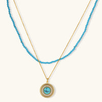 Turquoise jewelry set with round halo pendant, turquoise beaded necklace and matching stud earrings | Olaty