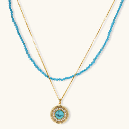 Turquoise jewelry set with round halo pendant, turquoise beaded necklace and matching stud earrings | Olaty