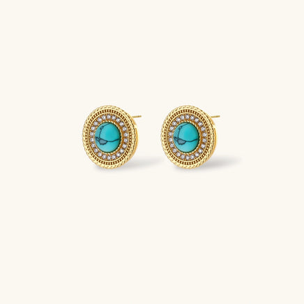 Round turquoise and zirconia halo stud earrings with detailed circular setting | Olaty