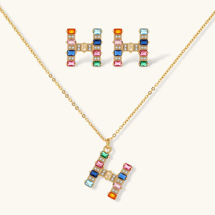 Rainbow zirconia H initial pendant necklace with matching H initial earrings | Olaty