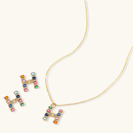 Rainbow zirconia H initial Jewelry Set with pendant necklace and matching stud earrings | Olaty