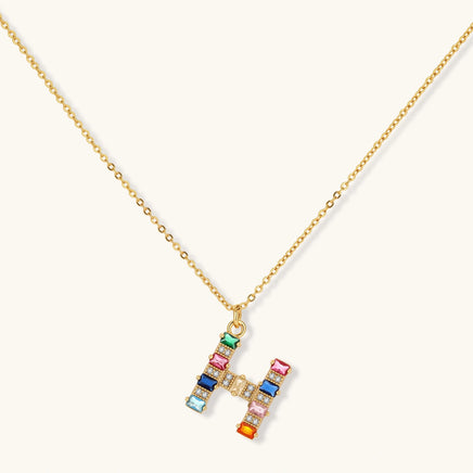 Rainbow zirconia H initial pendant necklace with gold tone chain | Olaty