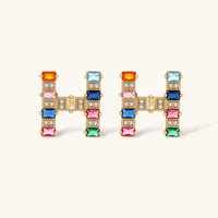 Rainbow zirconia H initial stud earrings with multicolor geometric stones | Olaty