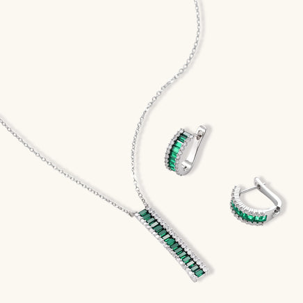 Emerald green baguette and clear zirconia pendant necklace with matching hoop earrings | Olaty