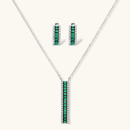 Emerald green and clear zirconia Jewelry Set with linear pendant necklace and matching earrings | Olaty