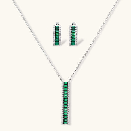 Emerald green and clear zirconia Jewelry Set with linear pendant necklace and matching earrings | Olaty