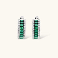 Emerald green baguette and clear zirconia hoop earrings with geometric design | Olaty