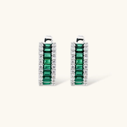 Emerald green baguette and clear zirconia hoop earrings with geometric design | Olaty