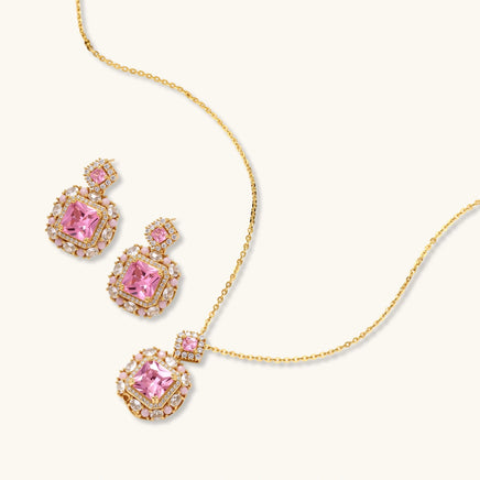 Rose pink zirconia pendant necklace and matching statement drop earrings | Olaty